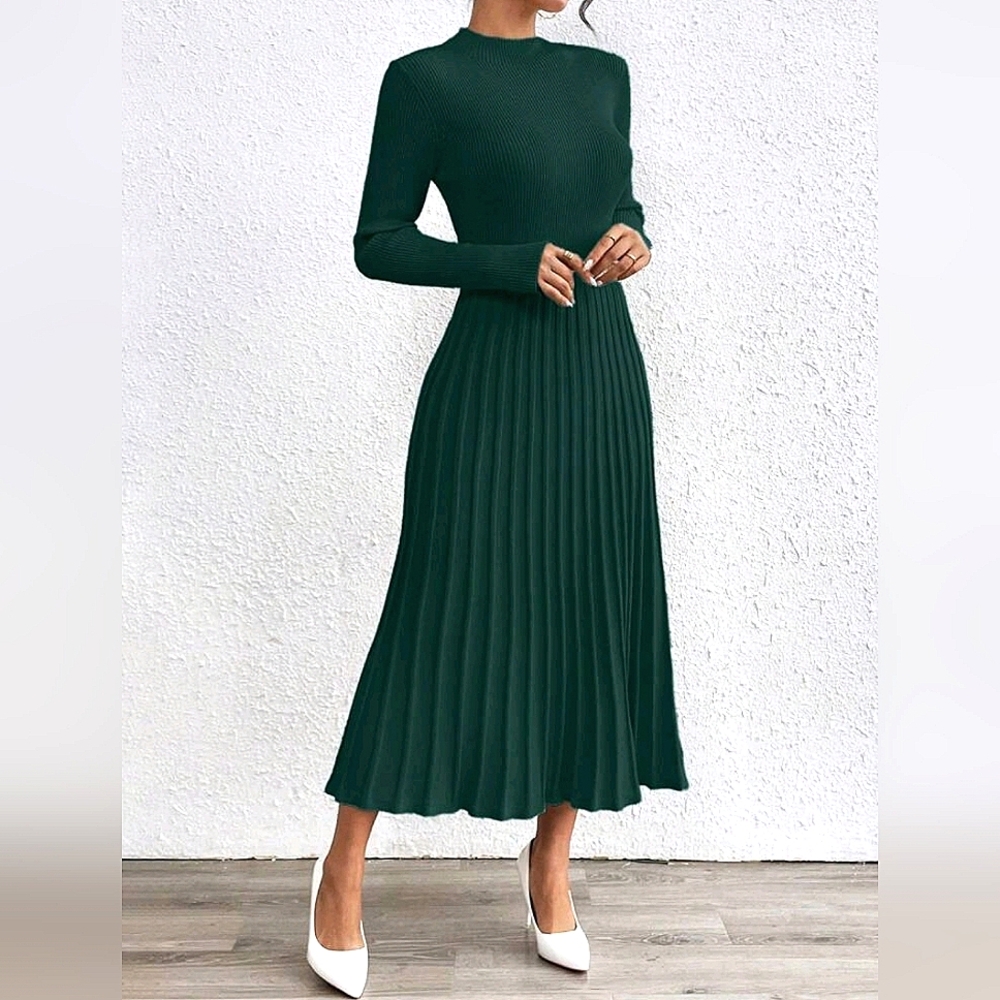New Chic Ribbed Knit Pleated Long Skirt Flared Sweater Dress Dark Green
